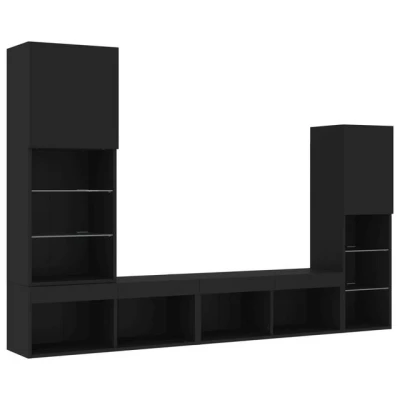 Abbildung von vidaXL Wohnwand 4 TLG., Schrankwand mit viel Stauraum, Anbauwand LED Beleuchtung, Wandmontage Fernsehschrank Wohnzimmer Set Schrank, Schwarz Holzwerkstoff