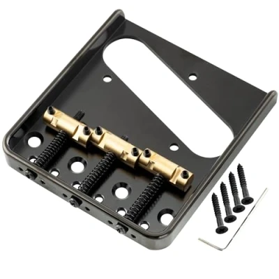 Abbildung von Musiclily Ultra 54mm Aluminium Platte Tele Bridge Vintage T Style Steg mit 3 Kompensiert Messing Saitenreiter für E Gitarre, Schwarz