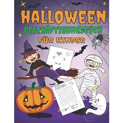 Abbildung von Halloween Beschäftigungsbuch für Kinder: Großes Rätsel und Malbuch Mädchen Jungen ab 5 Jahren. Ausmalen, Wörtersuche, Punkt zu Punkt, Labyrinthe.