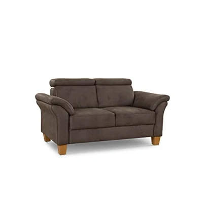 Abbildung von Cavadore 2 Sitzer Sofa Ammerland / 2er Couch im Landhausstil mit Federkern + verstellbaren Kopfstützen 156 x 84 93 Wildlederoptik, Braun