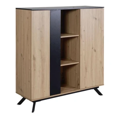 Abbildung von FineBuy Highboard 110x125x40 cm MDF Sideboard in Eiche Dekor/Schwarz, Kommode mit 2 Türen, Kommodenschrank Regal, Flurschrank Modern, Standschrank Anrichte Metallbeine