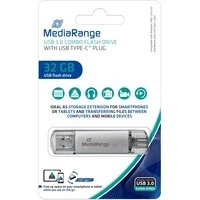 Abbildung von MediaRange USB 3.1 und TypeC Speicherstick 32GB Combo Flash Laufwerk mit Schutzkappen, externe Speichererweiterung Lesegeschwindigkeit von bis zu 60 MB/s, Farbe Silber