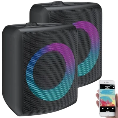 Abbildung von auvisio Mobile Partybox: 2er Set Outdoor PA Partyanlagen &amp; Bluetooth Boomboxen, Lichteffekte (Lautsprecher Karaoke, Bluetooth, Lautsprecher mit Musikplayer)