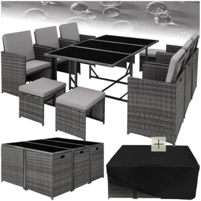 Abbildung von tectake® Outdoor Balkon Gartenmöbel Set, Lounge mit 6 Stühlen, 4 Hocker, 1 Tisch und Schutzhülle, Poly Rattan Geflecht, wetterfest, platzsparend grau