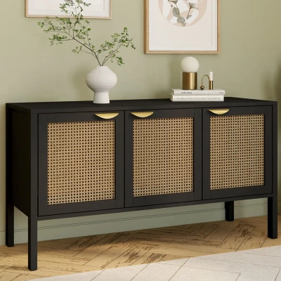 Abbildung von Niedriges Sideboard 110 cm EDHEN 3 Türen aus schwarzem Holz und Rohrgeflecht