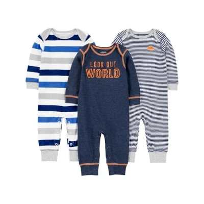 Abbildung von Simple Joys by Carter&#039;s Baby Jungen 3 Pack Jumpsuits Spieler, Grau Meliert Rugby Streifen/Marineblau Textaufdruck/Weiß Streifen, 6 9 Monate (3er Pack)