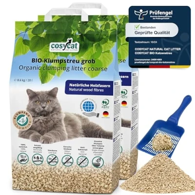 Abbildung von COSYCAT Klumpendes Bio Katzenstreu aus Holz GROB [Limited Edition] 40 l in der Toilette entsorgbar Klumpstreu pflanzlich Holzstreu