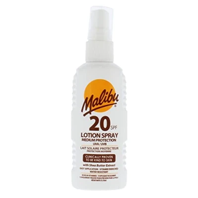 Abbildung von Malibu Medium Protection Water Resistant Vitamin Enriched LSF 20 Sun Screen Lotion Spray mit Sheabutter Extrakt, 100 ml