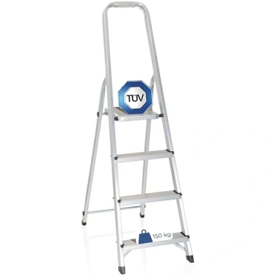 Abbildung von hjh OFFICE 801101 Klappleiter SOLID II Aluminium Trittleiter mit 4 Stufen &amp; Sicherheitsbügel, bis 150kg belastbar, Silber,