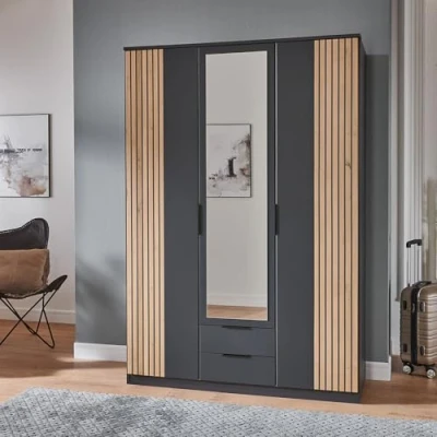 Abbildung von Lomadox Kleiderschrank Drehtürenschrank 135cm, Graphit mit Eiche, Spiegeltüren