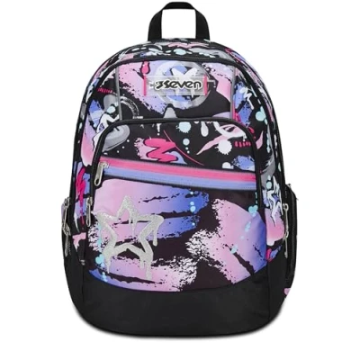 Abbildung von Seven Schulrucksack Advanced, Schwarz Fuchsia, Mark On Girl, Doppelter Rucksack mit Tasche für PC oder Tablet, Trinkflasche und Organizer, mittlere höhere Schulen, Mädchen,