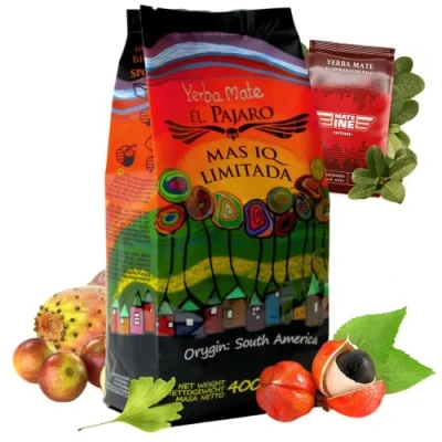 Abbildung von El Pajaro Mas IQ Limitada 400g Starker, Paraguayischer Mate Tee mit Gingko Biloba, Guarana, Camu Camu, Bacopa Monnieri, Kaktus loose leaf 450g Yerba Mateine Caffeine 50g
