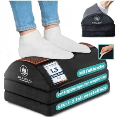 Abbildung von Birkental Fußstütze Schreibtisch (TESTSIEGER) 3 Fach höhenverstellbar mit flauschiger Fußtasche Ergonomisch höhenverstellbare, rutschfeste FußablageBüro und Zubehör Fußbank Fußhocker