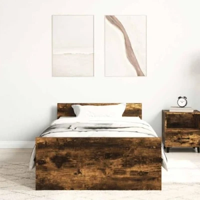 Abbildung von vidaXL Bettgestell, Bettrahmen mit Lattenrost, Bett Gästebett Kopfteil Fußteil, Einzelbett Schlafzimmerbett Schlafzimmermöbel, Räuchereiche 90x200cm Holzwerkstoff