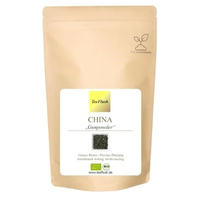 Abbildung von Gunpowder Grüner Tee, Bio, lose, 500g, Ernte 2023, China/Provinz: Zhejiang, Geschmack: würzig, leicht rauchig