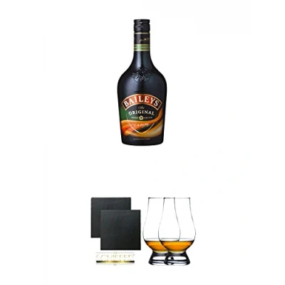 Abbildung von Baileys Cream Sahne Whiskylikör Irland 0,7 Liter + Schiefer Glasuntersetzer eckig ca. 9,5 cm Ø 2 Stück The Glencairn Glass Whisky Glas Stölzle