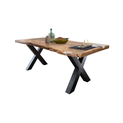 Abbildung von Massivart® Baumkantentisch TOMASO / Massivholz Mango 55 mm Tischplatte, Standbeine als X Gestell Metall schwarz lackiert Industrial Look