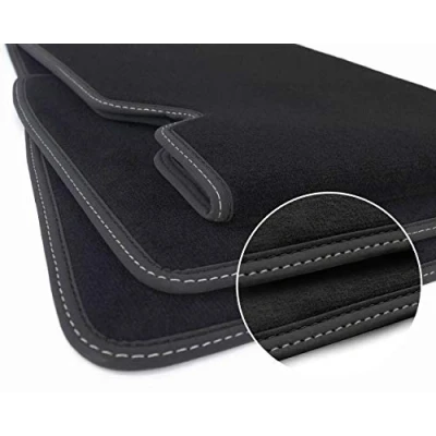 Abbildung von Fußmatten für Tesla Model S (Doppelnaht Schwarz Silber) Velours Autoteppich Automatten Set 3 teilig Original Qualität