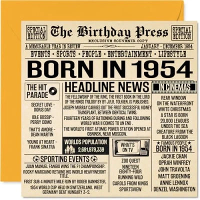 Abbildung von Geburtstagskarte zum 70. Geburtstag für Männer und Frauen Born in 1954 Zeitung Großvater, Oma, Vintage Retro Stil, zurück im Jahr 1954, 145 mm x