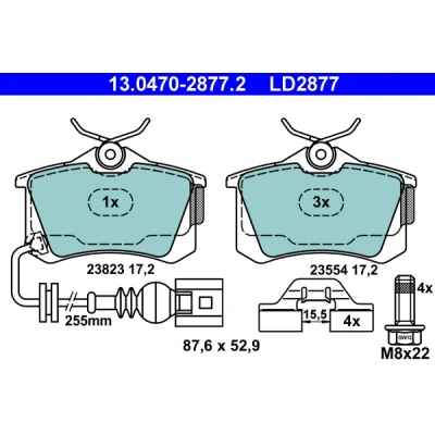 Abbildung von ATE Ceramic 13.0470 2877.2 Bremsbelagsatz inkl. Verschleißwarnkontakt mit Bremssattelschrauben VOLKSWAGEN: Lupo / 3L, Polo IV Schrägheck