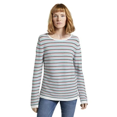 Abbildung von TOM TAILOR Damen Basic Strickpullover aus Bio Baumwolle, 26249 Peach Multicolor Stripe, L