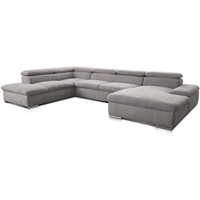 Abbildung von Cavadore Wohnlandschaft Alkatraz im modernen Design / U Form mit Ottomane links und Longchair rechts Inkl. Kopfteilverstellung 350 x 73 226 Hellgrau