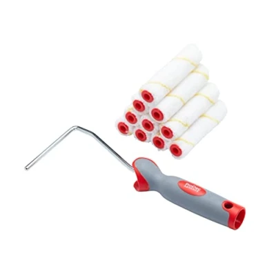 Abbildung von ProDec Advance 11 tlg. 100 mm Kurzflor Mikrofaser Mini Rollen/Rahmen, glatte Oberfläche mit Dispersions , Glanz &amp; Satinfarbe, Lack, Holzbeize, Innenwände, Fußleisten, Decken, Holz, Metall