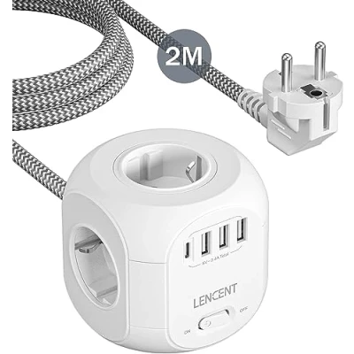 Abbildung von LENCENT 4 Fach Steckdosenleiste Steckdosenwürfel Mehrfachsteckdosen 8 in 1 Cube Steckdose Steckerleiste mit 3 USB, Typ C, USB Mehrfachstecker 2 Meter Geflochtenem Kabel für Wandsteckdose White