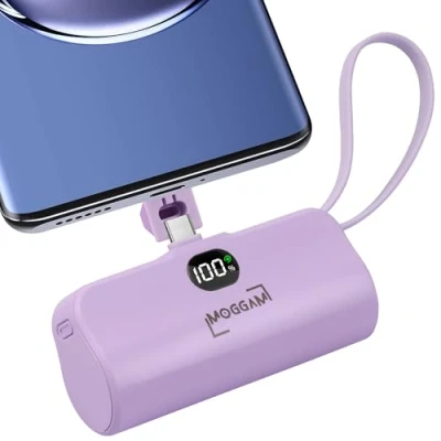 Abbildung von MOGGAM Mini Powerbank kompatibel mit iPhone im Taschenformat 5000 mAh und Smartphone Lightning Typ C 2 in 1