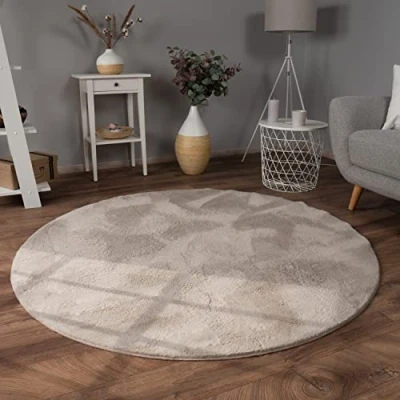 Abbildung von Paco Home Hochflor Teppich Wohnzimmer Flauschig Fellteppich Kunstfell Plüsch Shaggy Weich Fellimitat, Grösse:160 cm Rund, Farbe:Beige