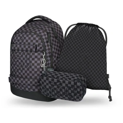 Abbildung von Baagl Schulrucksack Set Jungen Mädchen Teenager 3 Teilig, Skateboard Rucksack Skate MAX, Schultasche ab 3. Klasse, Grundschule Ranzen mit Brustgurt, Ergonomischer Schulranzen, 30 l (SKA Grau)