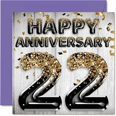 Abbildung von Tolle Karte zum 22. Jahrestag für Ehemann Freund Ehefrau Freundin Schwarz Gold Glitzer Luftballons Happy 22 Anniversary Karten aus der Familie 145 mm x Grußkarten Jubiläen