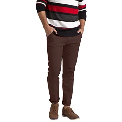 Abbildung von Herren Schlanke Passform Chino Hose Flache Vorderseite Lässiger Stretch Baumwolle Klassisch Essentials Trouser Full Pant Alle Taille 30W 40W (Braun, 38W / 32L)