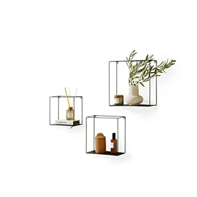 Abbildung von LIFA LIVING 3er Set Wandregal im Industrie Design, Schweberegal aus schwarzem Metall, Elegantes Deko Regal Quadrat für Bücher und Küche, Belastbarkeit 3 kg