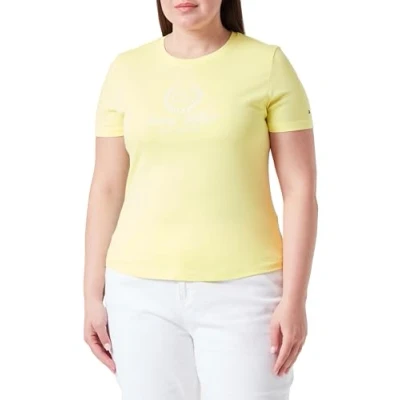 Abbildung von Tommy Hilfiger Damen T Shirt Kurzarm Slim Flag Tee Rundhalsausschnitt, Gelb (Yellow Tulip), L