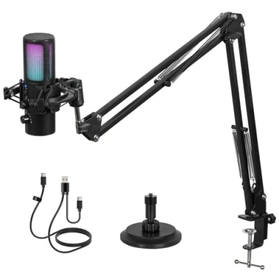 Abbildung von Todeco Gaming USB Mikrofon mit Steuerbare RGB Licht, Geräuschunterdrückung Kondensator Galgenarm und Ständer, EIN klick Stummschaltung, für Streaming, Podcast, PC, MAC, PS4/5