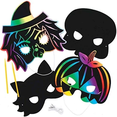 Abbildung von Baker Ross AX228 Halloween Scratch Art Kratzkunst Masken Bastelset für Kinder 8 Stück, Kreativsets und Bastelbedarf zum Basteln Dekorieren zur Winterzeit