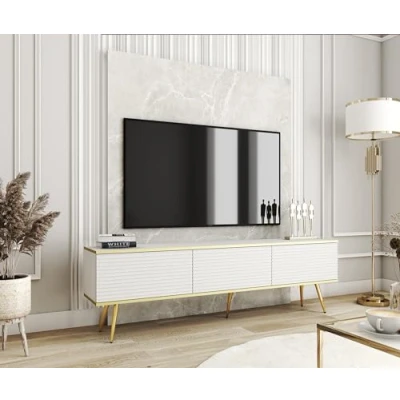 Abbildung von 3E 3xE living.com TV Schrank mit Lamellen in Weißer Farbe goldenen Beinen, D: L: 175 cm, H: 53 T: 32 cm