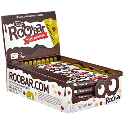 Abbildung von Roobar High Protein Haselnuss Riegel mit Schokoladenüberzug 100% Bio, Vegan, Fruchtriegel, milchfrei &amp; glutenfrei, ohne raffinierten Zucker 16 x 40g