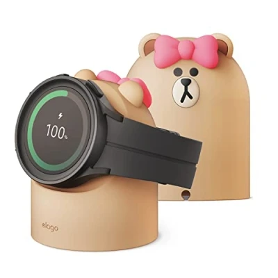 Abbildung von elago LINE Friends Ladestation Kompatibel mit Samsung Galaxy Watch 7/7 Ultra/6/6 Classic/5/5 Pro [40/43/44/45/47mm] Ladegerät, Nachttischmodus, Kabelmanagement [Kabel Nicht im Enthalten] (Choco)