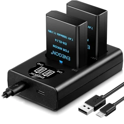 Abbildung von ENEGON EN EL14/EL14a Ersatzakku (2 Stück) und Smart LED Dual USB Ladegerät für Nikon Coolpix P7000, P7100, P7700, P7800, P8000 DSLR D3100, D3200, D3300, D3400, D5100, D5200, D5300, D5500, D5600, DF