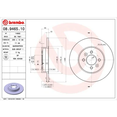 Abbildung von BREMBO 08.9465.10 Bremsscheibe 280 12 4 voll RENAULT: Kangoo I, I Rapid