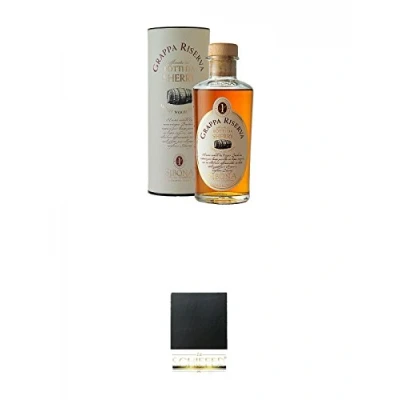 Abbildung von Sibona Grappa SHERRY Wood Italien 0,5 Liter + Schiefer Glasuntersetzer eckig ca. 9,5 cm Durchmesser