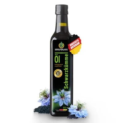 Abbildung von Kräuterland Schwarzkümmelöl 500ml, Ungefiltert, Kaltgepresst, Mühlenfrisch direkt aus unserer hessischen Ölmühle Hochwertiges Nigella Sativa Samen