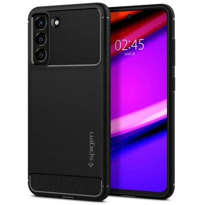 Abbildung von Samsung Galaxy S21 FE Hülle Silikon Spigen Soft Case/Backcover Handyhülle Schwarz Shockproof/Stoßfest