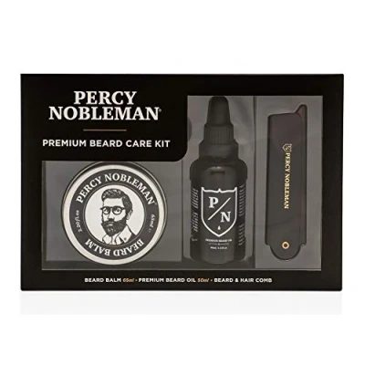 Abbildung von Percy Nobleman Premium Bartpflege Set, eine limitierte Ausgabe, Bartpflegeset, enthält ein Bartöl, Bartbalsam und faltbaren Kamm.