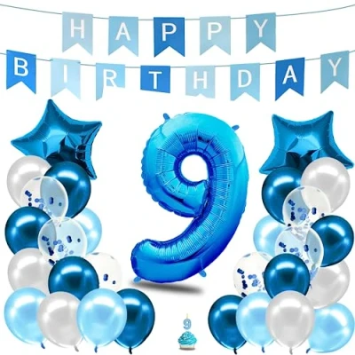Abbildung von envami® Geburtstagsdeko Jungen Blau Zahl 9. Geburtstag Junge Happy Birthday Deko Folienballon 9 Luftballon Kindergeburtstag