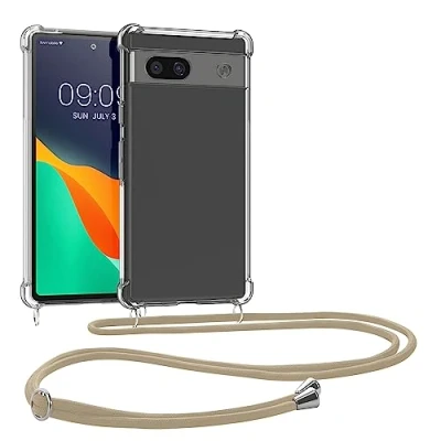 Abbildung von kwmobile Necklace Case kompatibel mit Google Pixel 7a Hülle Silikon Cover Handykette Band Handyhülle Gold Transparent