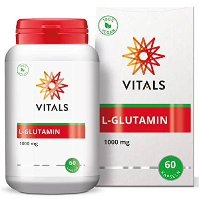 Abbildung von Vitals L Glutamin 1000 mg 60 Kapseln. Häufigste nicht essenzielle Aminosäure. Ohne Zusatzstoffe. ist (zusammen mit den Aminosäuren Cystein und Glycin) ein Baustein für Glutathion.
