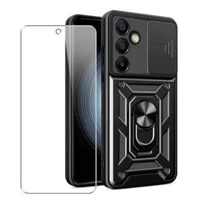 Abbildung von SDTEK Hülle Für Samsung Galaxy S24 FE Handyhülle Kameraobjektivschutz, Ständer, Magnetringhalter Glas Displayschutzfolie (Schwarz)